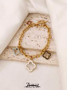 1pc Stainless Steel Lucky Four-Leaf Clover Bracelet, Women Enamel Floral Pendant Chain Bracelet, Party Jewelry Gift - Bracelet - View 6