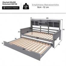 Ausziehbares Schlafsofa 90*200CM Massivholz, Ausziehbett 90*190CM, mit Staufach und Lattenrost, Kiefer Multifunktionsbett, Einzelbett, Weiß - Gris - Voir 2