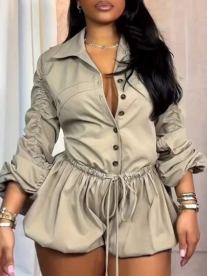 Solid Color Collared Long Sleeve Tie-Waist Lace Button Jumpsuit, Casual Spring