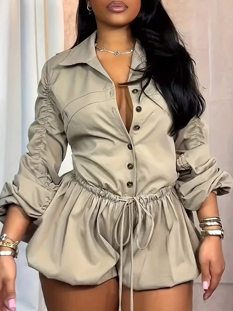 Mono de manga larga con cuello, cintura con lazo y botones de encaje, unicolor, casual para primavera - Caqui - Ver 1