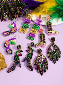 2件/4件装嘉年华亮片耳环，紫色、绿色和金色亮片高跟鞋，羽毛字母靴，面具耳环，适合嘉年华庆祝活动（手工制作，略有差异） - 彩色 - 查看 8