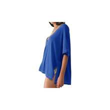 - Camisetas de gran tamao para mujer, cuello en V profundo, manga corta, casual, ajuste holgado, con abertura lateral - marino + 2XL - Ver 3