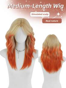 Peluca de 20 pulgadas con degradado de púrpura a amarillo y naranja, con ondas esponjosas y flequillo, de fibra sintética, para uso en festivales de música, fiestas, Halloween y disfraces, accesorio de moda versátil - Naranja - Ver 2