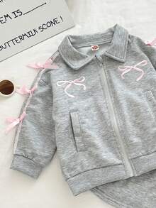 2pcs/Set Young Girl' Fashion Casual Cute Bow Design, Includes: Bow Embroidered Jacket + Ribbon Skirt - Grey - View 7