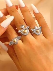 3pcs ,Fashion Creative Unique Copper Rhinestone-Embedded Wing Heart Crown ,Rings For Women, Adjustable Open Ring Set, Ideal For Daily Casual Valentine's Day, Vacation, Festival Wear, Gifts For Women, Jewelry Women, Best Friend Gifts Women - Gold and Silver - View 13