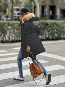 ASANDY Women's Fall Winter Mid-Length Padded Coat - Oversized Fur Hood Parka - Black - View 2