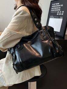 1pc Vintage Large Capacity Handbag, Vintage PU Messenger Shoulder Bag, Women Casual Tote Bag & Wallet, Bohemia Style Bag For Women, Tote Bags For School,College Essentials, Street & Japanese Bag For Women, New Fashionable Big Bags For Women, New Arrival Tote Bags For Woman , Vintage Bag , Y2k , Office - 黑色 - 查看 9