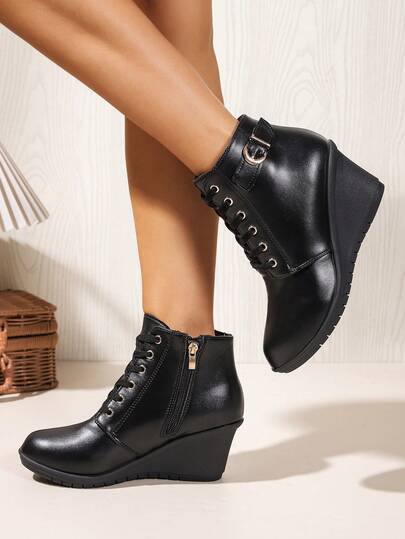 Women's Fashion Casual High Heel Platform Lace-Up Round Toe Ankle Boots, Versatile For Spring, Summer, Autumn