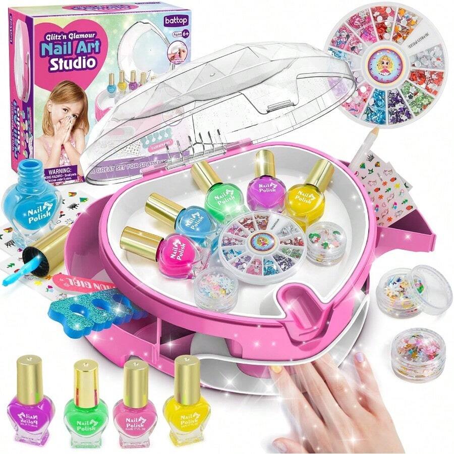 XAPY BATTOP Nail Polish Set For Girls Nail Art Kit For With All-In-One Organizer Nail Dryer Polish Stickers Gems Filer - Ideas Gift For Girls 6 7 8 9 10 11 12 - Dress-Up Toy - 米色 - 查看 1