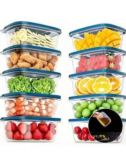 10个透明塑料食品储物盒，带蓝色盖子，可堆叠，可重复使用，是厨房收纳的理想之选，适合存放谷物、肉类、水果、蔬菜，可用洗碗机和微波炉清洗。