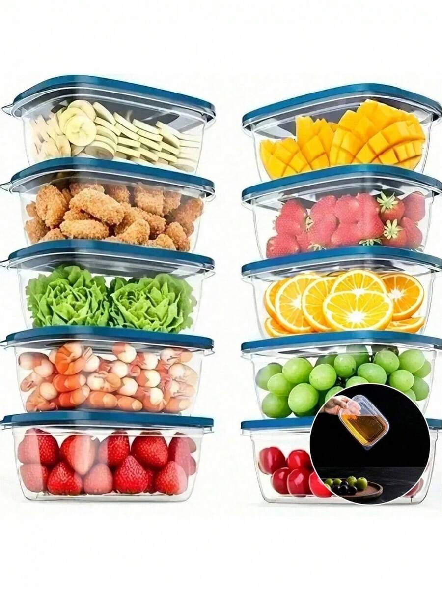 10个透明塑料食品储物盒,带蓝色盖子,可堆叠,可重复使用,是厨房收纳的理想之选,适合存放谷物、肉类、水果、蔬菜,可用洗碗机和微波炉清洗。 - 透明 - 查看 1