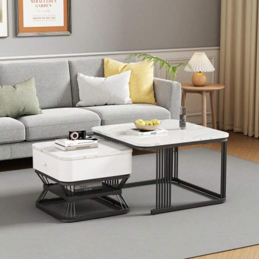2-Teiliges Couchtisch-Set, Geometric Kaffeetish Set, High-Glänzende Marmoroptik, Wohnzimmertisch-Set Mit 1 Schublade, Sofatisch, Beistelltisch, Geeignet Für Kleine Räum,Weiß+Schwarz,70*70*45cm+50*50*40cm - White+Black - View 1