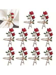 2pcs Elegant Floral Napkin Rings, Decorated With Red Roses And Green Leaves, Perfect Choice For Valentine's Day. Ideal For Valentine's Day Table Decor, Wedding Centerpieces, Candlelight Dinner Decorations, And Holiday Table Settings. A Romantic Surprise And Ideal For Expressing Love On Special Occasions.