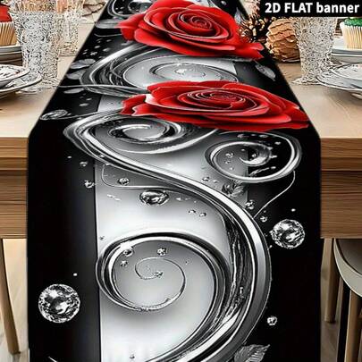 2D Flat Red Rose Silver Floral Print Table Runner, Tablecloth, Table Runner, Tapestry. Suitable For Home, Dining Table Decor, Wedding, Holiday, Gift, Multi-Functional Wall Decor, Fit For Home, Office, Outdoor, Studio, Party Decoration, Holiday Gift, Polyester Material, No Power Required.