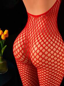 1 bộ đồ lót gợi cảm dành cho nữ, kiểu bodystocking lưới, cổ yếm, không tay, hở lưng, khoét sâu, trang phục cô gái nóng bỏng, áo khoác ngoài bikini, trang phục hóa trang gợi cảm cho bữa tiệc, ngày Valentine. - Đỏ - Xem 5