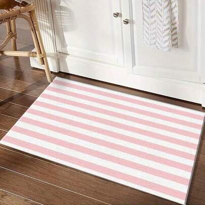 1pc Luxurious Pink & White Striped Pattern Entrance Mat, Outdoor Rug, Bedroom Bedside Rug, Living Room Sofa Chair Carpet, Fade-Resistant, Washable, Non-Shedding, Comfortable Soft Home Carpet