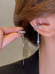一对长款优雅C形镶嵌水钻流苏女士耳夹耳环 - 銀色 - 查看 1
