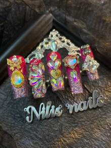 Bộ 10 móng tay giả Acrylic thủ công, móng tay vuông dài, thiết kế móng tay nhuộm màu đỏ hồng và hồng, phụ kiện làm móng tay 3D thủ công hình bướm, trái tim, gấu, đá quý nhiều màu và đá đính, bộ nghệ thuật làm móng theo phong cách Y2K thích hợp cho ngày lễ tình nhân, các buổi tụ họp, tiệc tùng và là món quà tuyệt vời cho phụ nữ và trẻ em gái (bao gồm: một miếng keo dán và một dải ma sát) phụ kiện làm móng - Màu Hồng Tươi - Xem 4