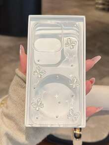 3D Diamante Openwork Bow & Metal Small Round Beads Transparent Epoxy Mobile Phone Case Compatible With IPhone 17/17Air/17Pro/17ProMax/16/15/14/13/12/11/X/XS/XR/Mini/Pro Max/Pro/Plus TPU Full Package Soft Case - White - View 3