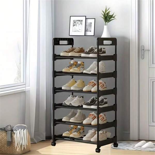 1 pièce Étagère à chaussures à plusieurs niveaux sur roulettes - Design compact, structure en métal robuste en noir et blanc, convient pour l'entrée, l'appartement, la chambre d'étudiant - Assemblage facile, sans électricité nécessaire, solution de rangement minimaliste Structure facilement mobile, organisateur de chaussures
