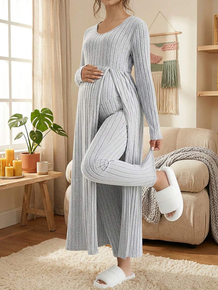 2pcs Maternity Casual Set, Includes Long Sleeve V-Neck Cardigan Top And Belly Support Pregnancy Pants, Comfortable And Fashionable For Pregnancy And Nursing Spring - Grey - View 1