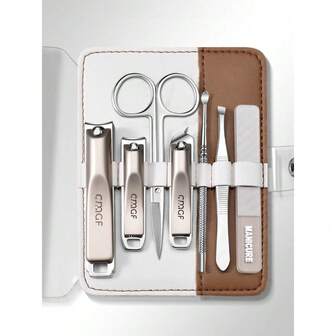 7pcs Brown & White Metal Nail Clipper Set, Super Sharp Portable Manicure Tools, Home & Travel Nail Care Kit For Finger & Toenail Trimming