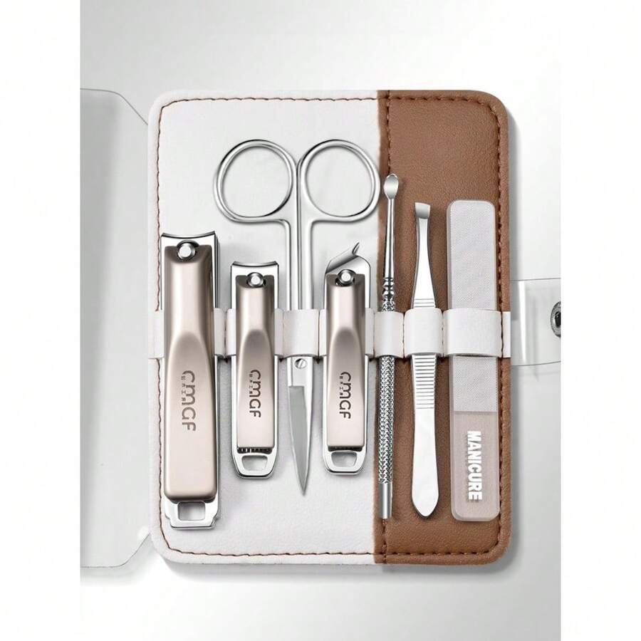 7pcs Brown & White Metal Nail Clipper Set, Super Sharp Portable Manicure Tools, Home & Travel Nail Care Kit For Finger & Toenail Trimming - Multicolor - View 1