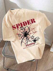 复古蜘蛛网印花宽松透气T恤，适合青少年男孩日常穿着，也适合派对、上学、音乐节、度假和通勤。同时也是馈赠亲朋好友的绝佳礼物。 - 杏色 - 查看 1