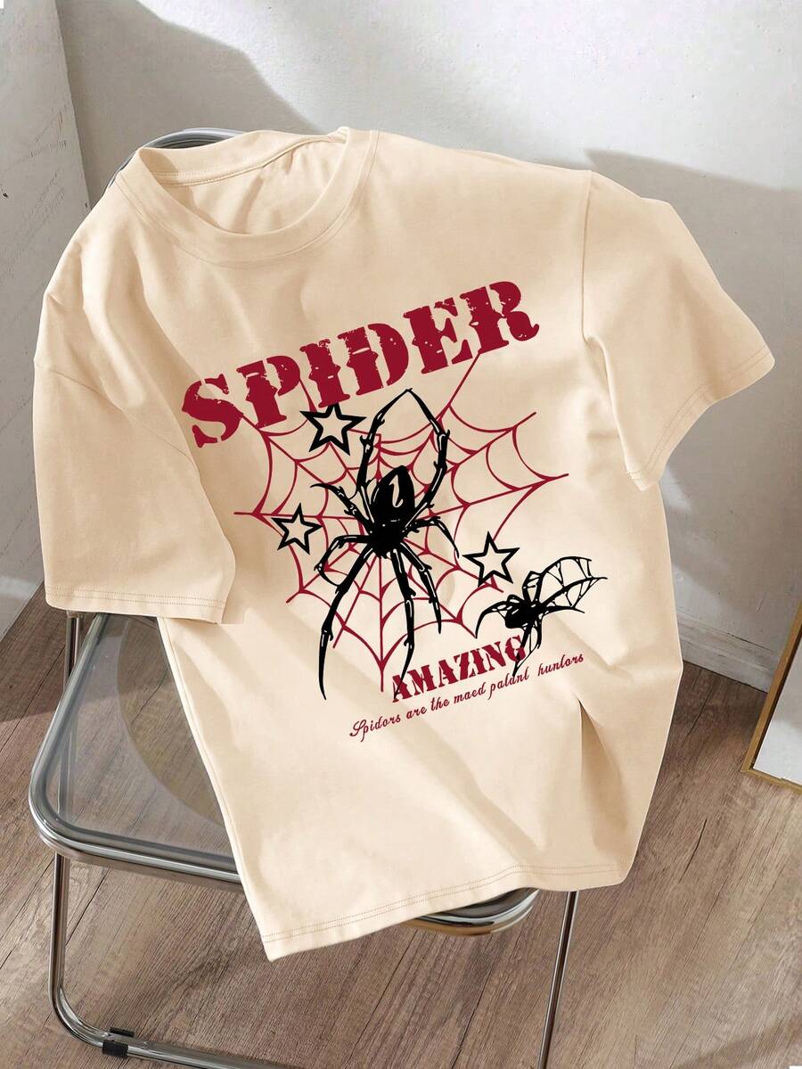 复古蜘蛛网印花宽松透气T恤,适合青少年男孩日常穿着,也适合派对、上学、音乐节、度假和通勤。同时也是馈赠亲朋好友的绝佳礼物。 - 杏色 - 查看 1