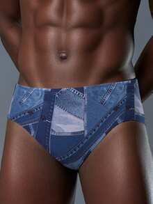 Men's Casual Distressed Plaid Patchwork Triangle Swim Trunks, Summer - Dusty Blue - View 4