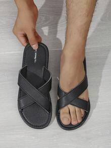 HISQIM Men's Sandals, Comfortable And Fashionable Slippers, Synthetic Leather Upper, Criss-Cross Style, Cool Flat Casual Sandals, Suitable For Beach And Home Wear - Black - View 4