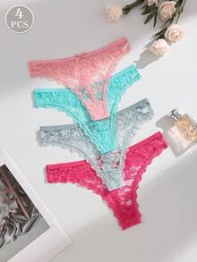 4pcs/Pack Women's Solid Color Sexy Lace Patchwork Thong Panties With Cute Bow, Seamless Stretchy Breathable Ladies Underwear - Multicolor - View 2
