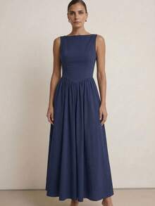 MODA MO, REF: H978 Women's Dress, Long Dress, Sleeveless, Round Neckline, High Waist, Open Back, Dress With Zipper, Slim Fit, A-Line Dress, Elegant, Modern, Lightweight, Comfortable, Versatile, Refined Look, Casual Chic Dress, Dress For Events, Sophisticated Look, Summer Dress, Quality Finish, Feminine Style. - 藏蓝色 - 查看 2