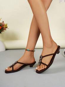 Women's New Vintage Tropical Print Fabric Rhinestone Embroidery Sexy Open Toe Outdoor Party Sandals, Summer - Coffee Brown - View 5