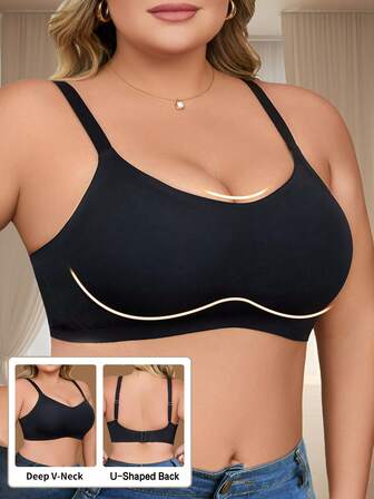 1件装加大码无缝无钢圈文胸，果冻般柔软支撑，宽肩带，侧边收腹，可拆卸胸垫，高弹力