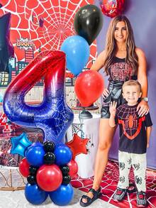 28pcs Spider Theme Number Balloon Column Kit, 32-Inch Spider Web Design Number Balloons 0-9, Red Blue Black Latex Balloons, 10-Inch Five-Pointed Star Balloons, Suitable For Birthday Party, Decoration Party, Home Decor, Theme Party, Spider Hero Theme Birthday Balloons, Boy Birthday Decoration, Cosplay Party Decoration - Multicolor - View 3