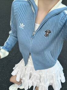 Adidas Originals FW25 TEAM FULLZIP Women's Sporty Slim Fit Casual Zipper Knit Long Sleeve Jacket KF0719 - Blue/White - View 5