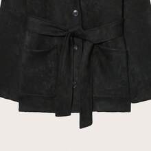 Women's Fashionable Casual Suedette Brown Trench Coat, With Collar, Long Sleeves And Practical Pockets, Creates A Stylish Look, Suitable For Halloween - Black - View 9