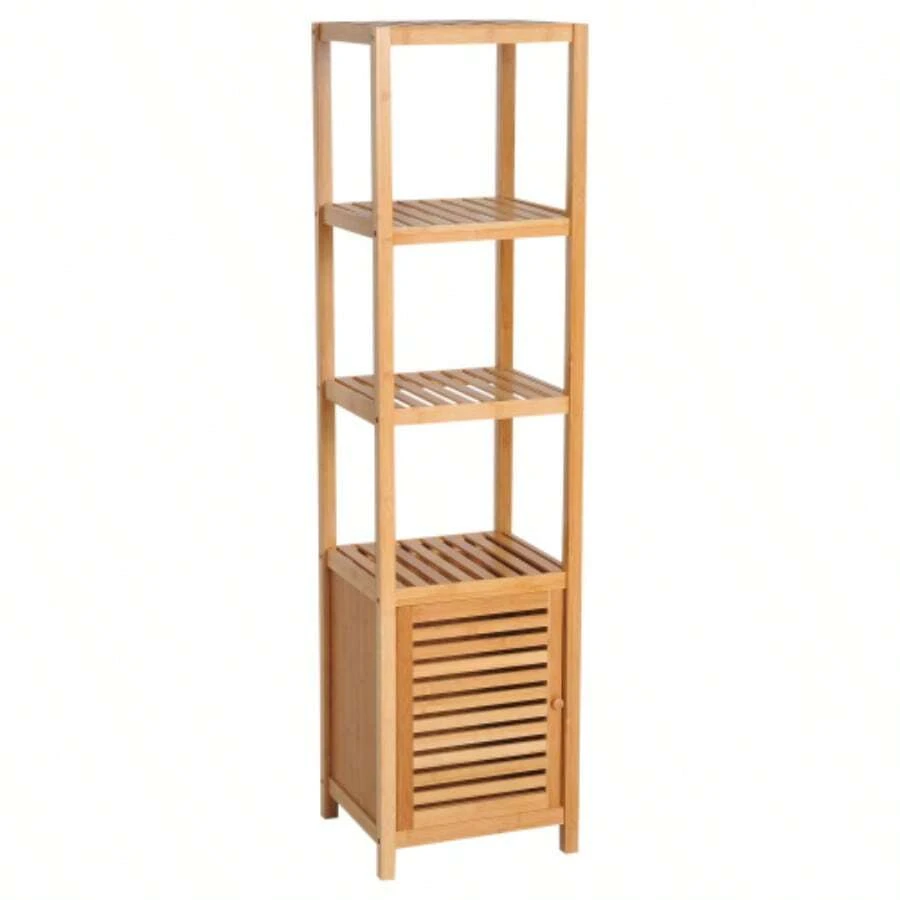 HOMCOM Bathroom Cabinet In Natural Bamboo With 3 Open Compartments, Dimensions 36 X 33 X 140 Cm For Optimal Storage.