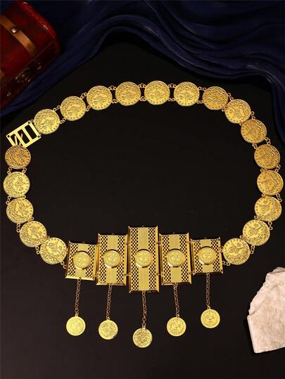 1pc 22K Gold Plated Vintage Women's Robe Belt, Zinc Alloy Carved Elongated Piece, Paired With Turkish Coin Waist Chain, Suitable For Formal Occasions, Traditional Festivals, Jewelry Belly Chain