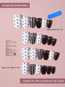 24pcs/Set Short Oval Brown Leopard Print French Manicure Nail Stickers, Decorated With Polka Dots And Leopard Patterns, Perfect For Acrylic Nail Tips, Includes 1pc Jelly Gel And 1pc Nail File, Suitable For Girls Daily Or Party Use