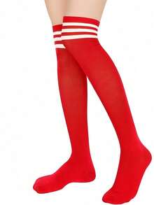 1Pc Women's Plus Size Y2K Christmas Red Striped Over-The-Knee Socks - Festive High Elastic Cozy Knitted Thigh Highs For Holiday Parties, Anti-Slip Silicone Grip Top Breathable Acrylic Hosiery, Perfect For Christmas Gatherings, Family Dinners, Holiday Events & Y2K  Styles - Đỏ - Xem 5