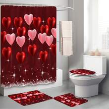 1pc/4pcs Classic Rose Heart Shaped Shower Curtain Set - Heart, Balloon, Rose, Teddy Bear Design - Fashionable Polyester Woven Valentine's Day Decor, Spring Decor, Bathroom Divider Curtain With 12 Hooks, Non-Slip Bath Mat, Toilet U-Shaped Mat, Toilet Lid Cover, Bathroom Set - Multicolor - View 5