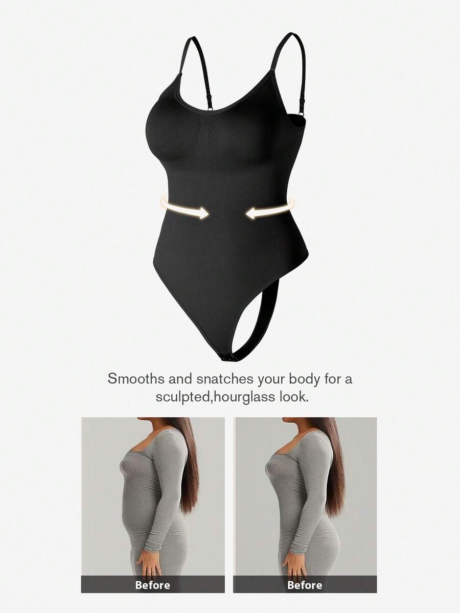 1pc Women Plus Size Seamless Butt Lifter Bodysuit, Shapewear Tummy Control Thong, Summer - Black - View 1