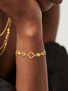 1pc S925 Sterling Silver Flower & Clover Hollow Chain Bracelet, Minimalist & Fashionable, Suitable For Daily Wear, Elegant Gift For Mother, Girlfriend - Gold - View 2