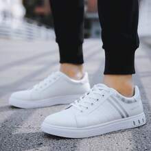 1 Size Smaller Men's Low-Top Pure White Skateboard Shoes - Breathable Fabric Lining, EVA Insole, Non-Slip Rubber Sole, Suitable For Outdoor Leisure Activities, Walking, Jogging, Travel - Lace-Up Closure, PU Upper, Round Toe, Essential For Spring And Autumn - white ash - View 3