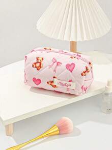 1 Piece Large Capacity Make Up Bag Cute Bow Print Cosmetics Storage Bag Foam Quilted Makeup Clutch Pouch Handheld Travel Toiletry Bag Multi-Functional Items Storage Bag Set Heart-Shaped Pattern Lipstick Pouch Pink Home Items Storage Bag - Pink - View 9