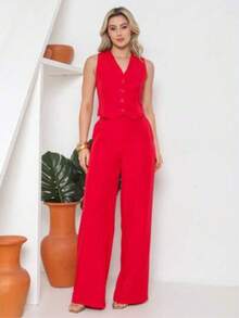 Tailored Suit Set: Vest With Dress Pants, Fashionable. - Red - View 1