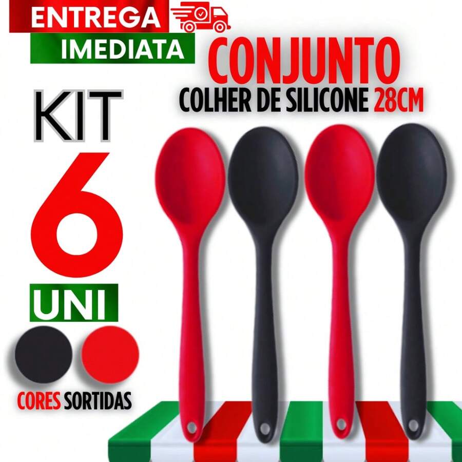 Jogo 06 colher de silicone  28CM Durabilidade para sua cozinha Utilidade para sua Receita Premium - JOGO 06 COLHER DE SILICONE - Visão 1