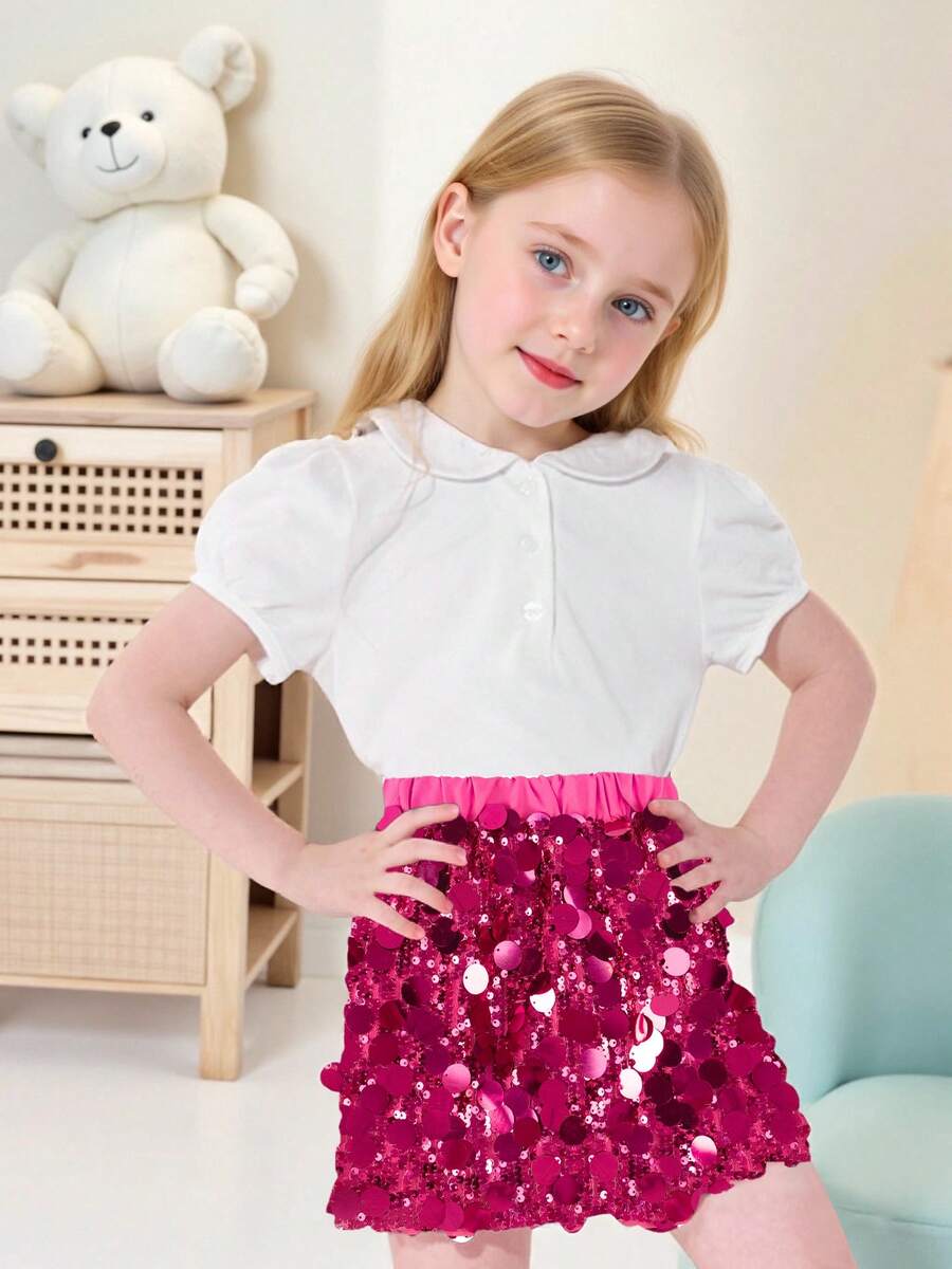 Lontakids Girls Sequin Skirt Sparkly Toddler Kids Mini Glitter Skirt Elastic Waist Party Pencil Skirt - 玫紅色 - 查看 1